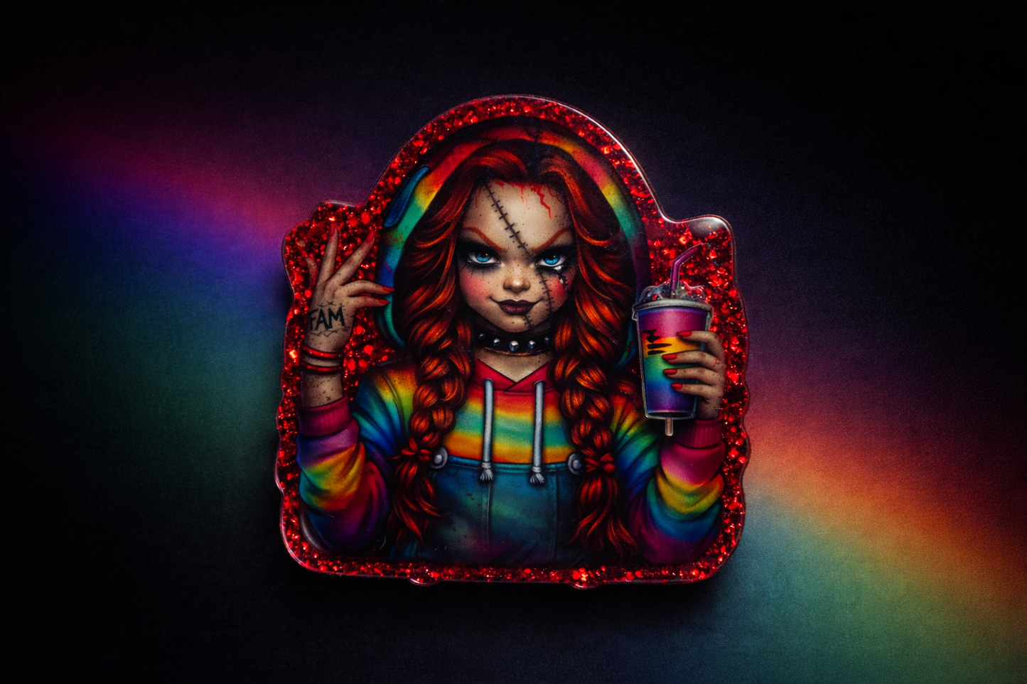 Edgy Rainbow Horror Badge Reel | Gothic Cartoon Acrylic Badge Reel