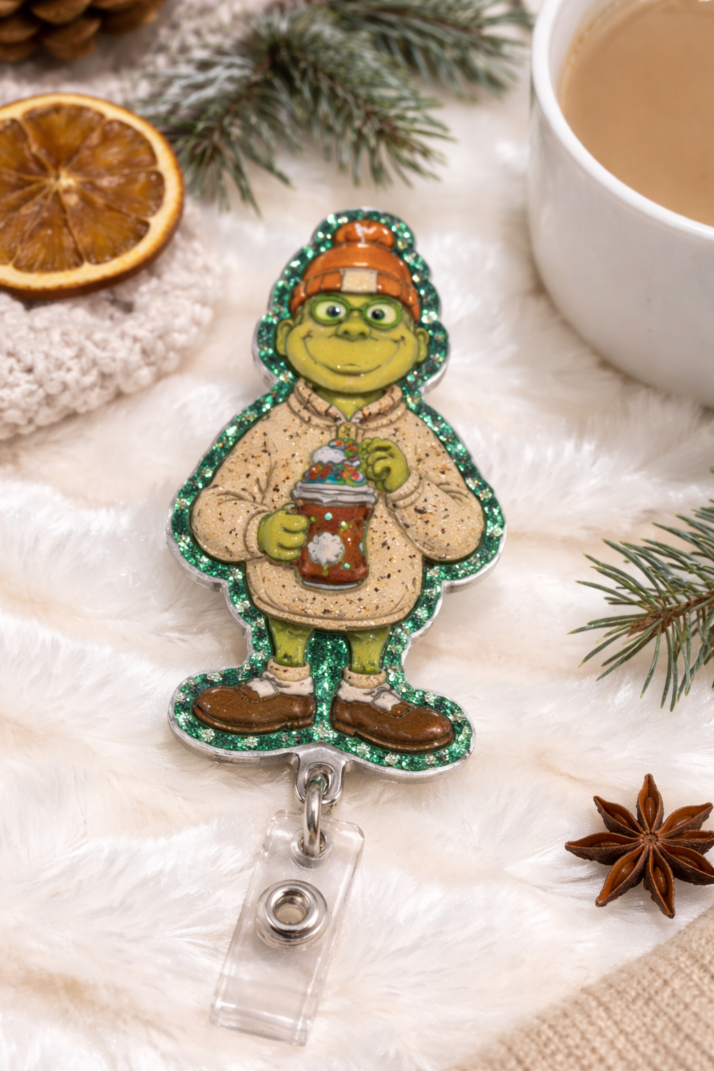 Cozy Holiday Cartoon Badge Reel | Green Grinch Glitter