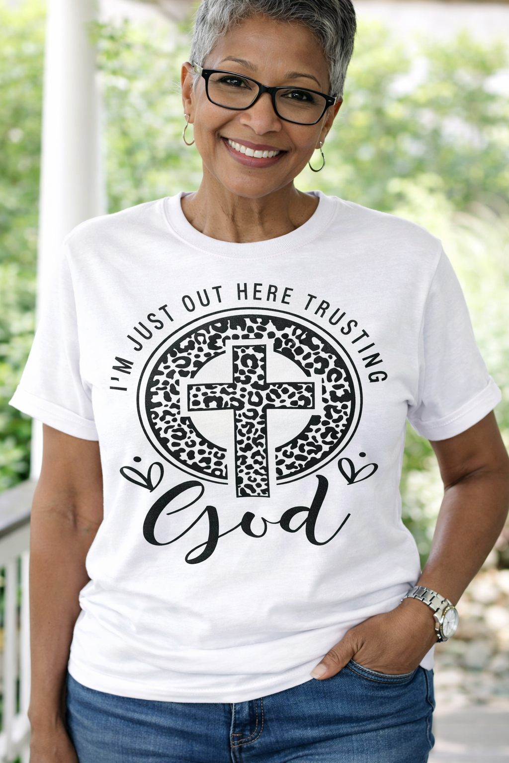 I’m Just Out Here Trusting God Christian T-Shirt | Faith Based Leopard Cross Shirt