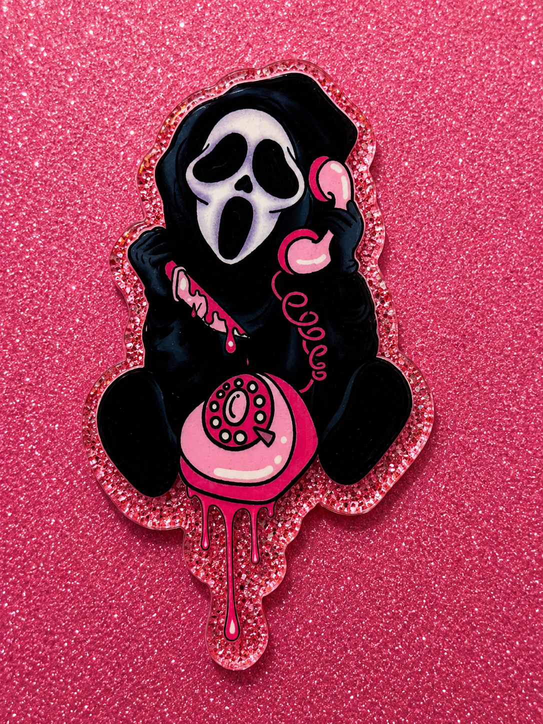 Pink Horror Glitter Badge Reel | Cute Spooky Badge