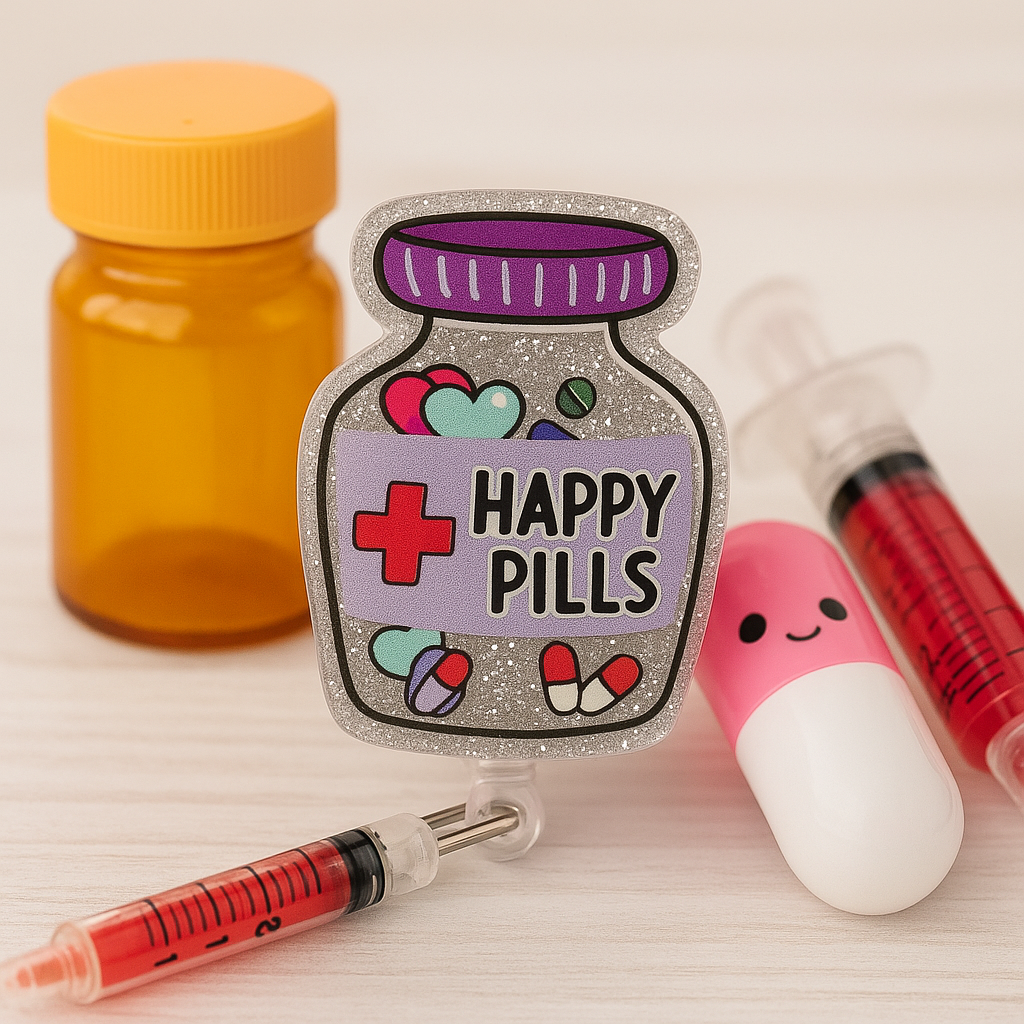 Medication Bottle Badge Reel – Take Your Meds & Happy Pills ID
