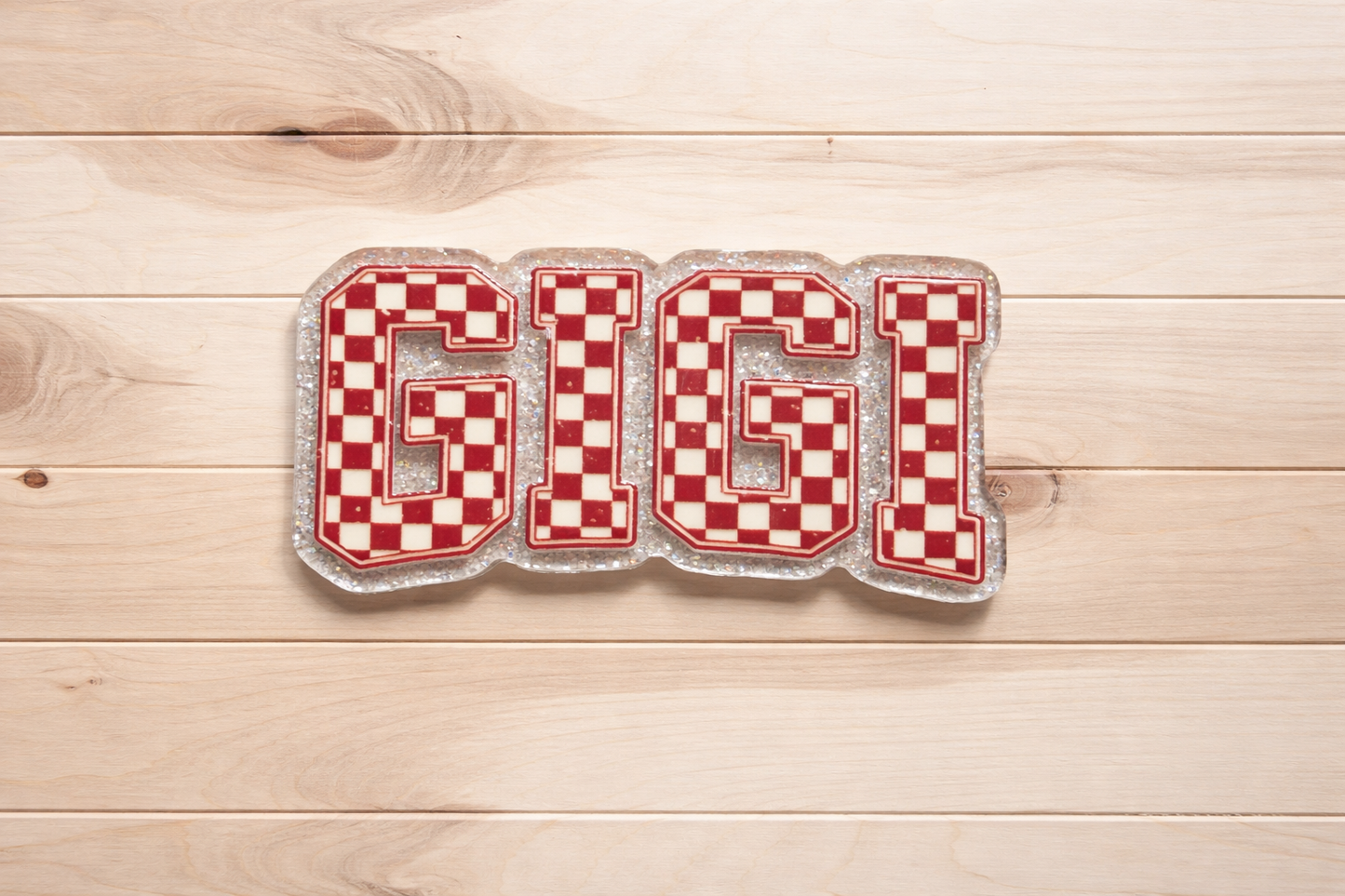 GIGI Badge Reel – Red Checkerboard Glitter Acrylic Badge Holder – Gift for Grandma Gigi