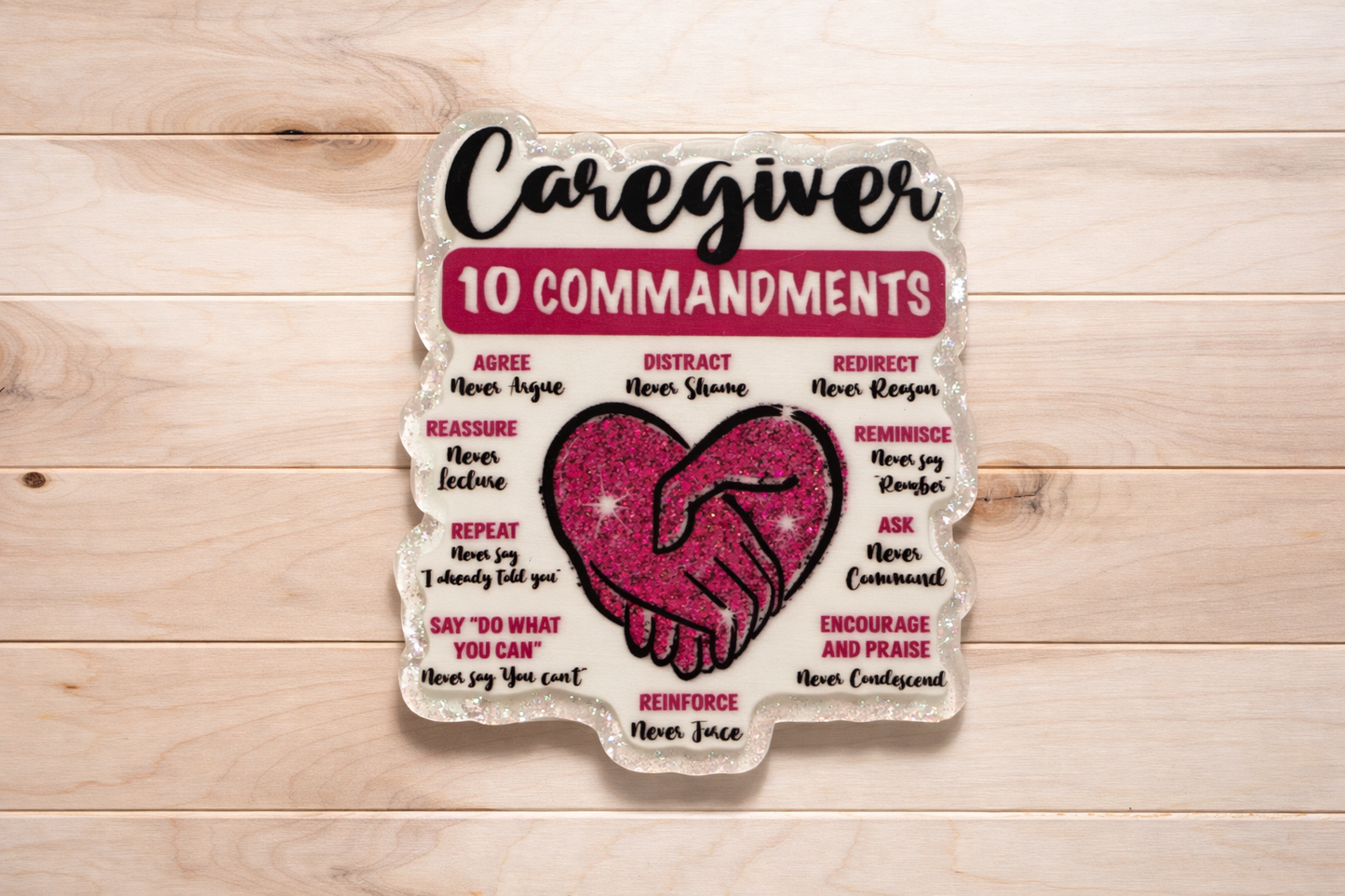 Caregiver 10 Commandments Badge Reel – Inspirational Healthcare Badge Holder – Glitter Acrylic Nurse Badge Reel – CNA Caregiver Gift