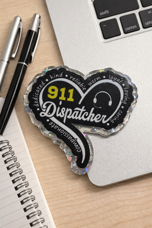911 Dispatcher Heart Acrylic Badge Reel