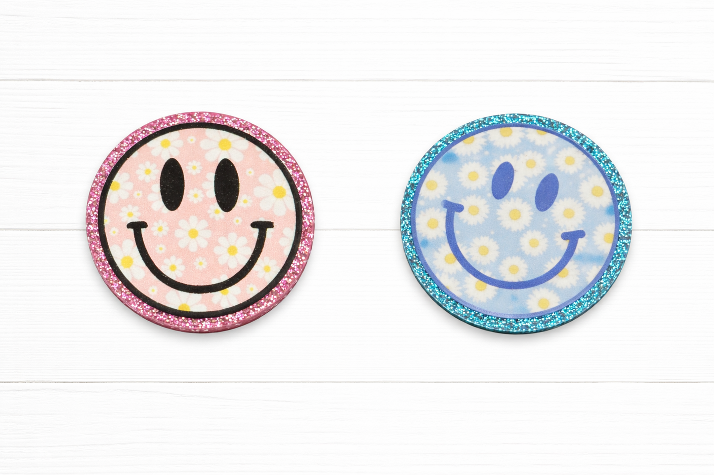 Pink Daisy Smiley Badge Reel – Floral Smiley Face ID Holder
