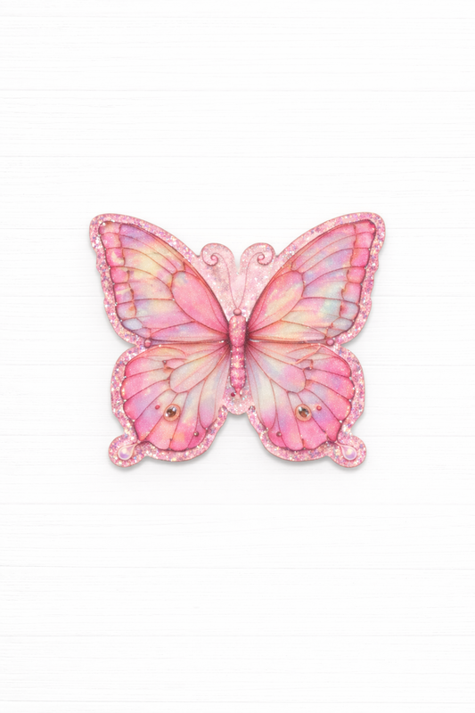 Pink Glitter Butterfly Badge Reel Topper | Pastel Butterfly Acrylic Badge