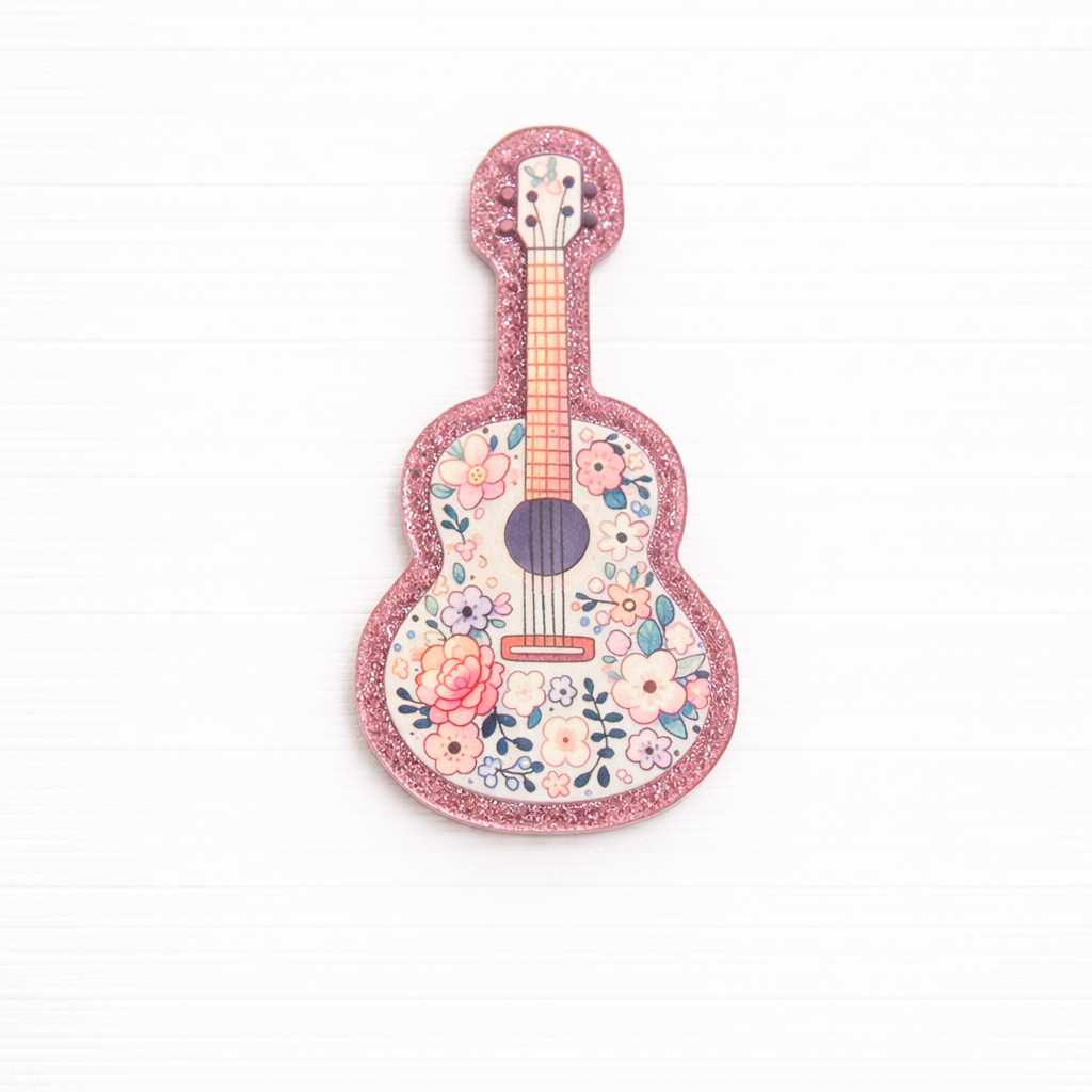 Floral Guitar Badge Reel Topper – Music Lover Badge