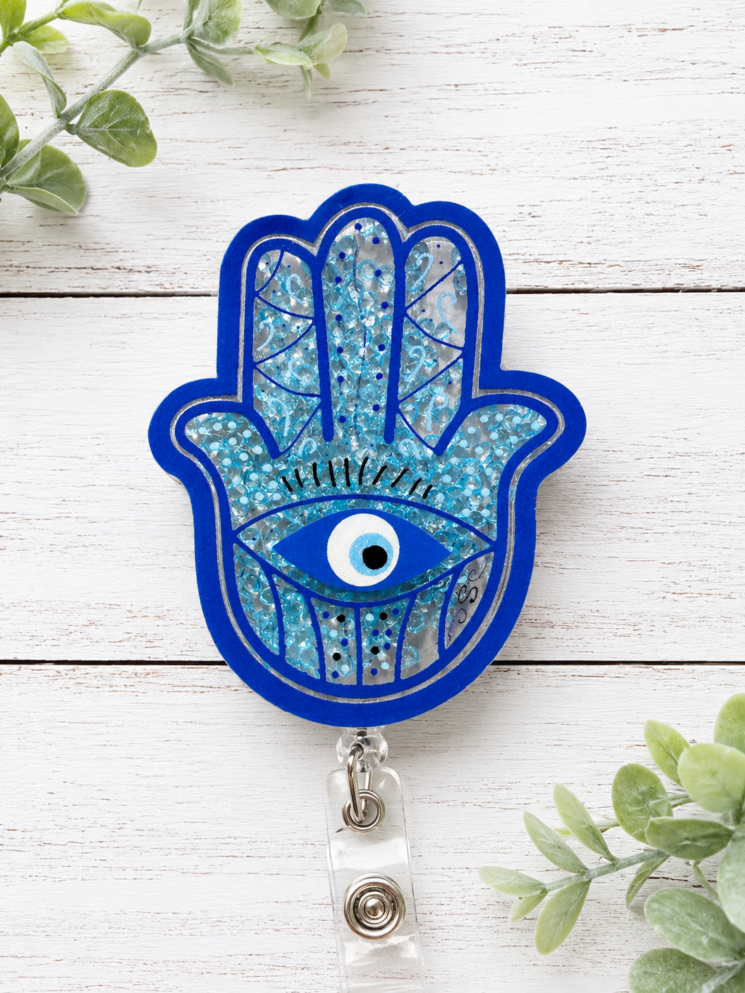 Blue Hamsa Evil Eye Badge Reel Shaker