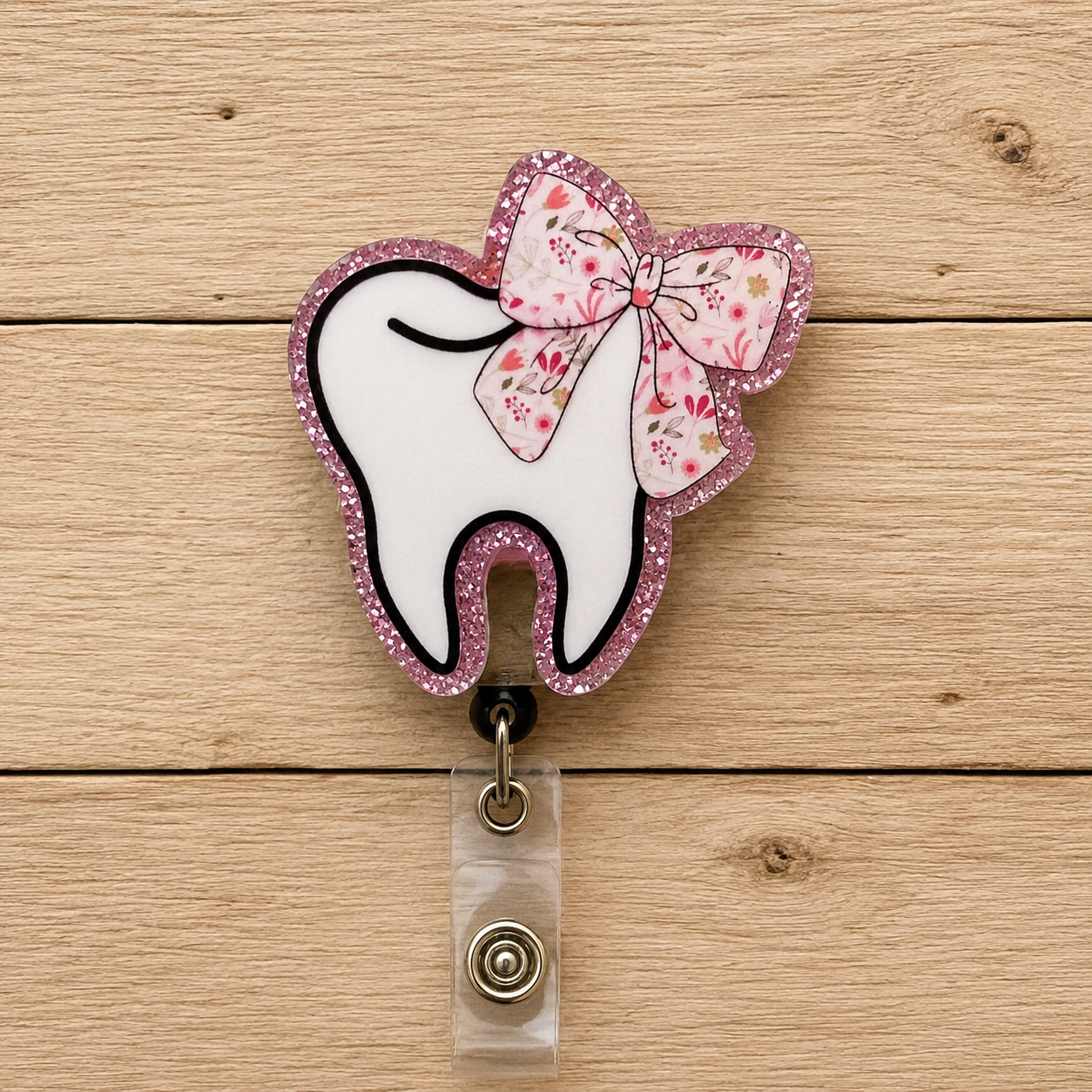 Tooth Badge Reel – Pink Glitter Dental