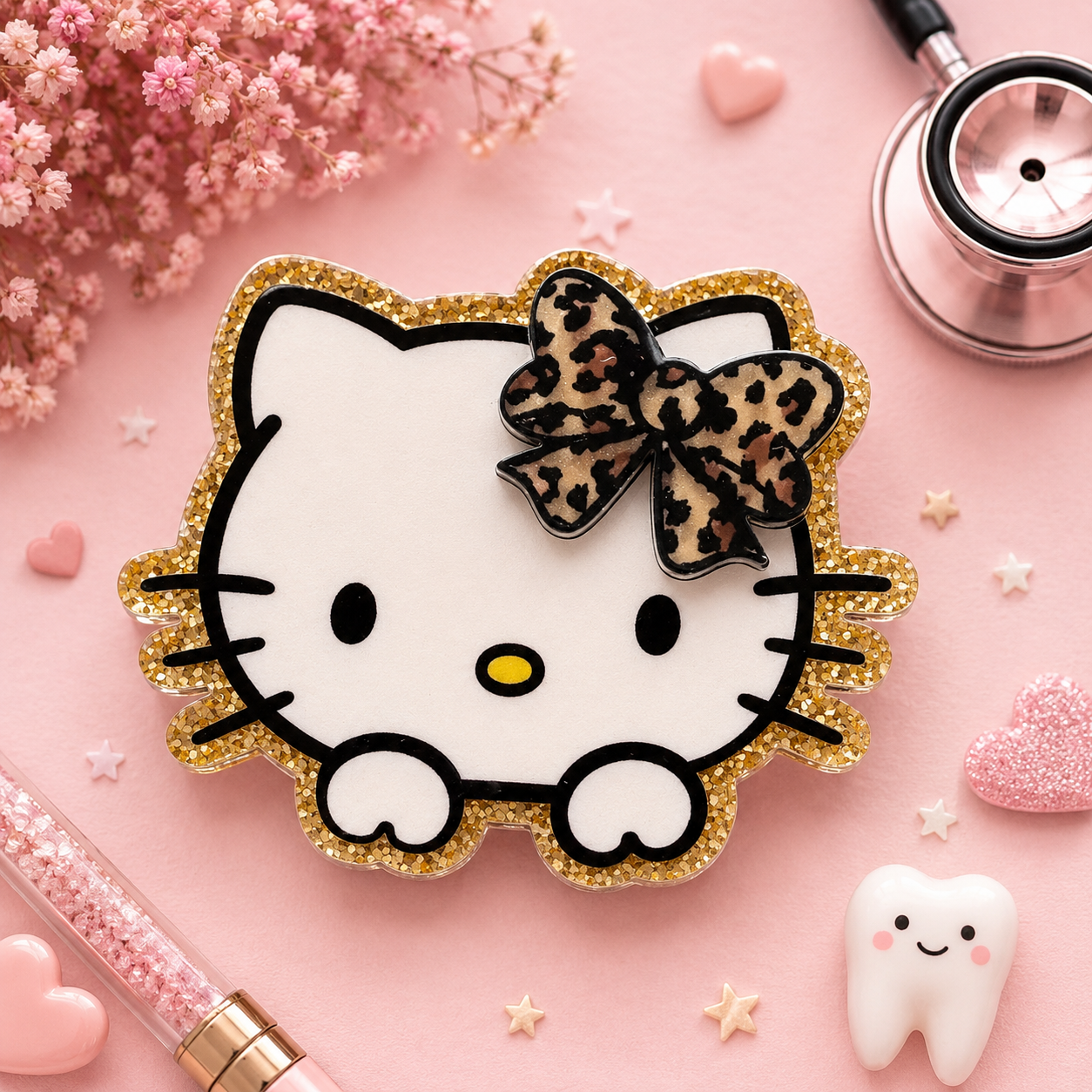 Hello Kitty Glitter Badge Reel | Leopard Bow Acrylic Badge