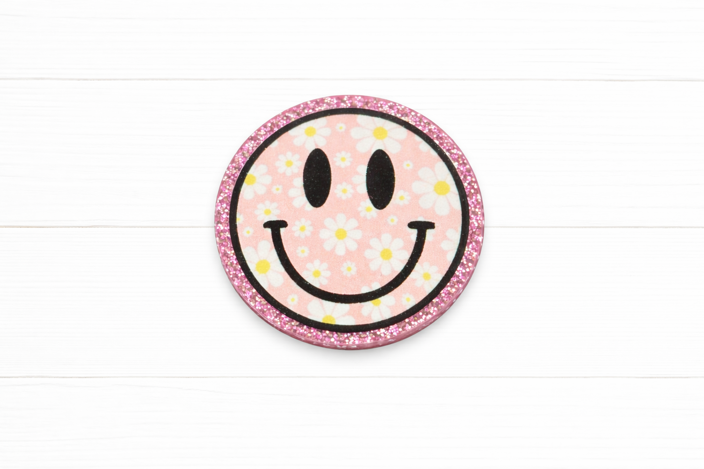 Pink Daisy Smiley Badge Reel – Floral Smiley Face ID Holder