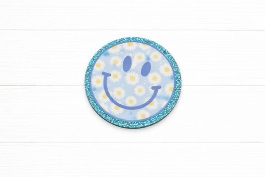 Pink Daisy Smiley Badge Reel – Floral Smiley Face ID Holder